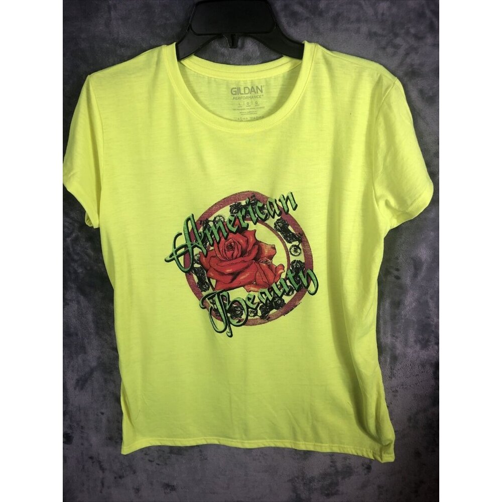 Gildan Womens American Beauty Graphic T-Shirt Neon Yellow Cotton Blend Short Sle